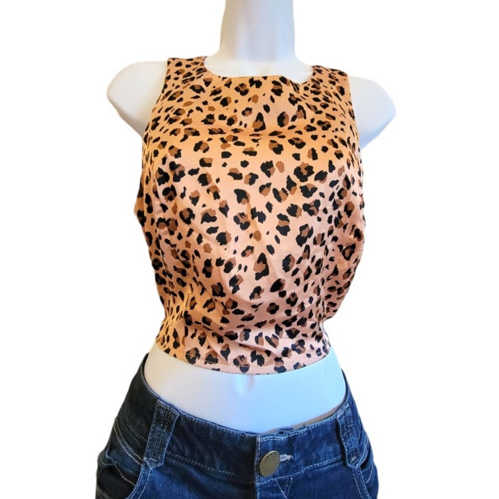 Nasty Gal Blush Coral Animal Print Cross Back Cropped Halter Top